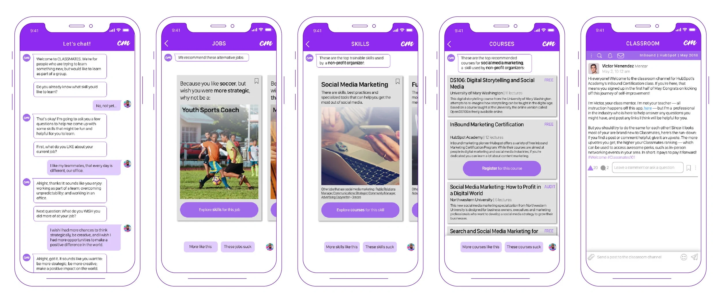 Classmates' chat-based onboarding, job/skill/course recommendations, and classroom screens