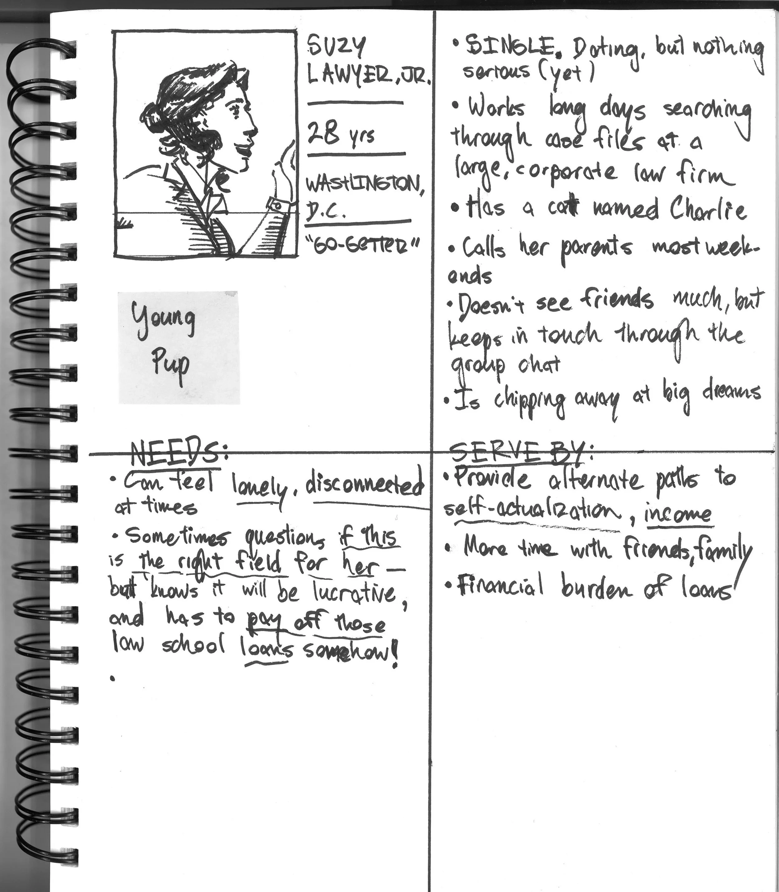 The “Young Pup” persona: Suzy Lawyer, Jr., a 28-year-old go-getter based in Washington, D.C.