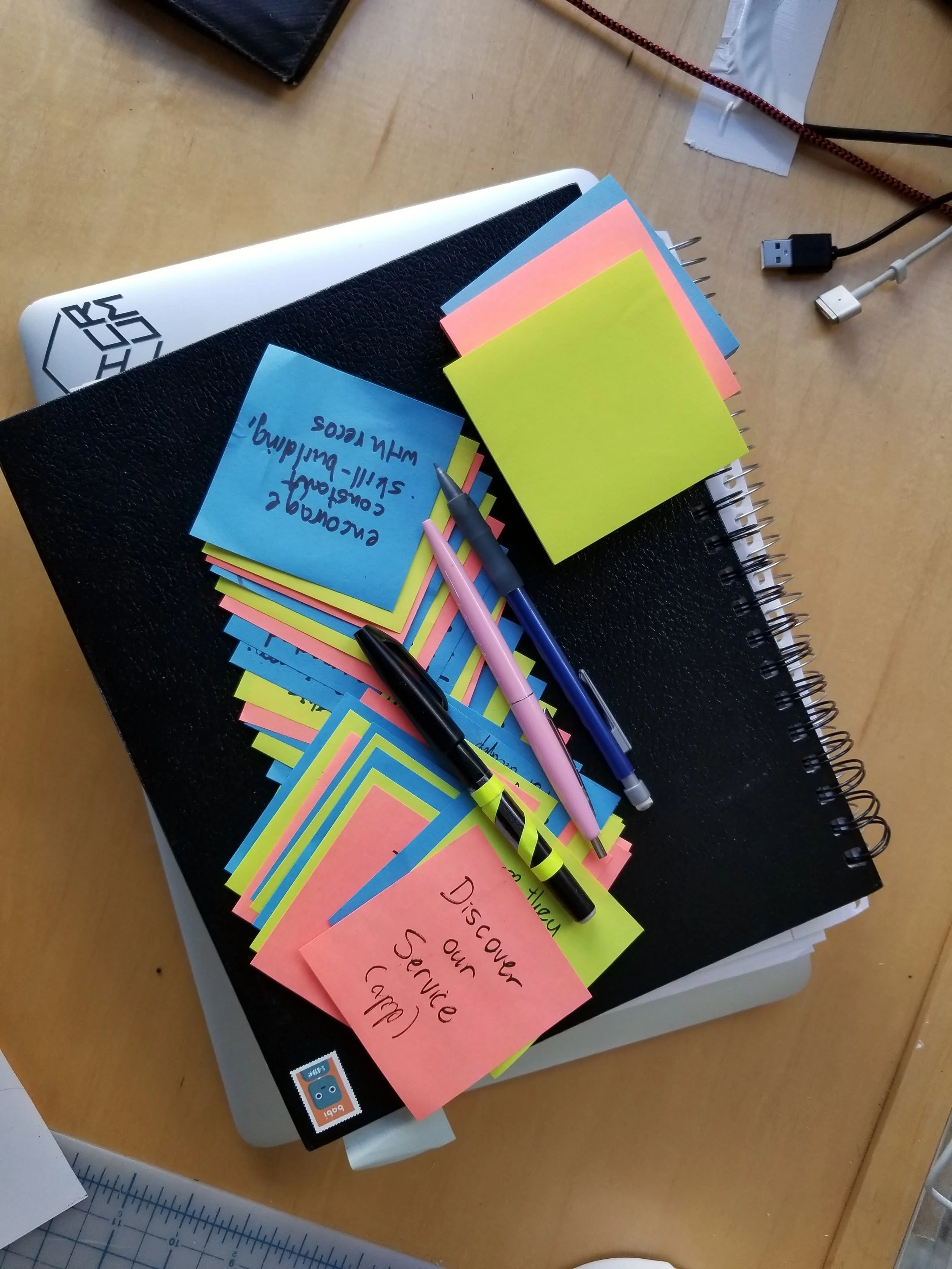 Early ideation post-its, including a sketch of the app's onboarding flow