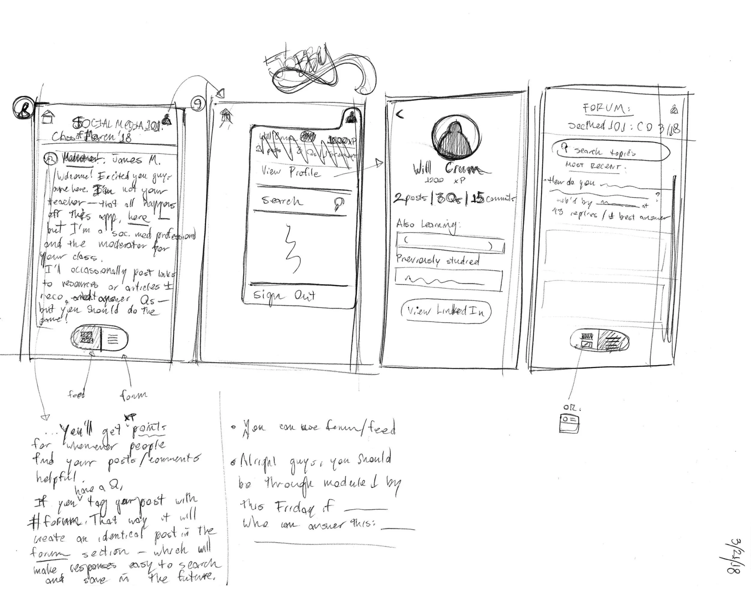 Early wireframe sketches for Jobby's classroom/forum screens