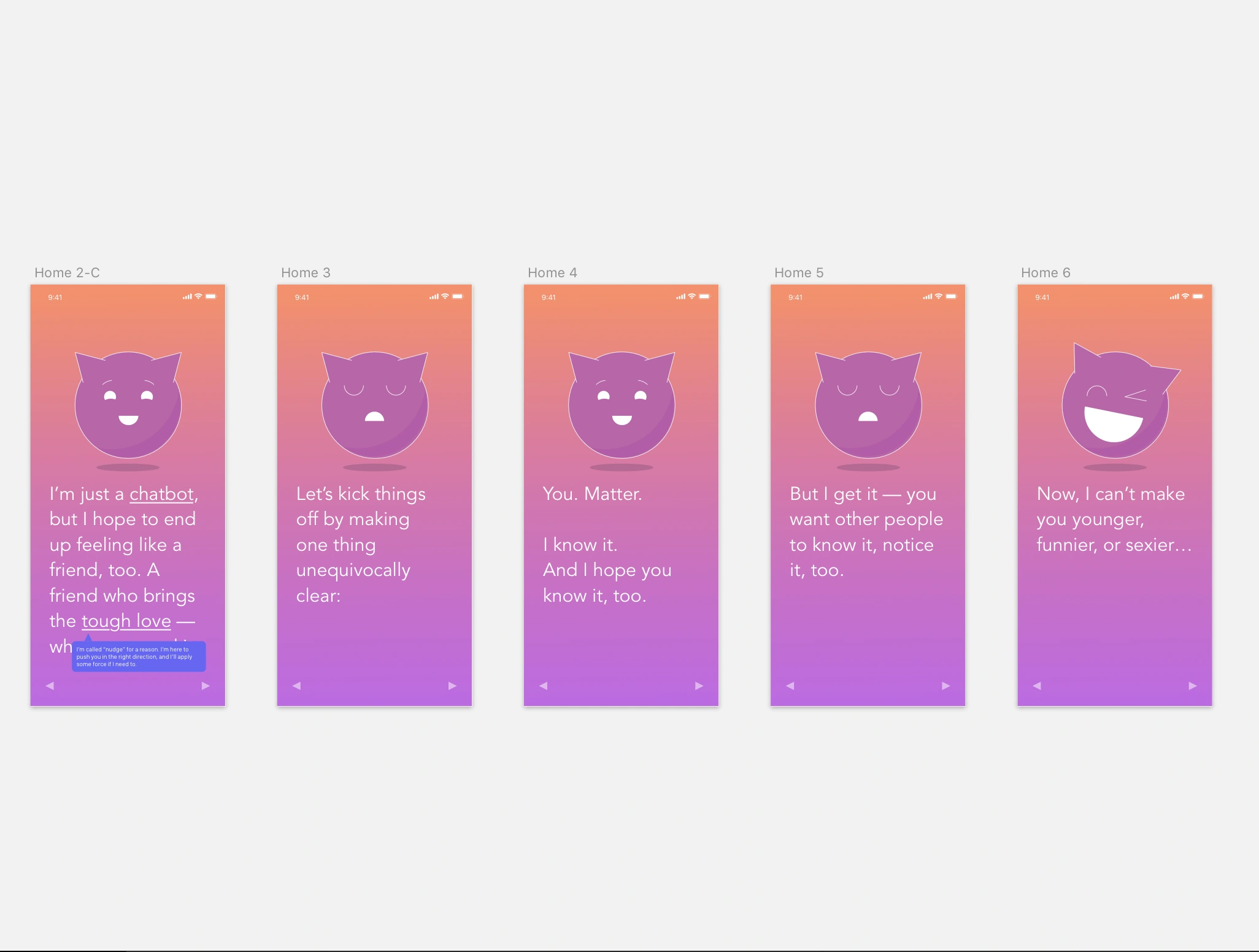 Higher-fidelity mockups of the app's conversational onboarding chatbot