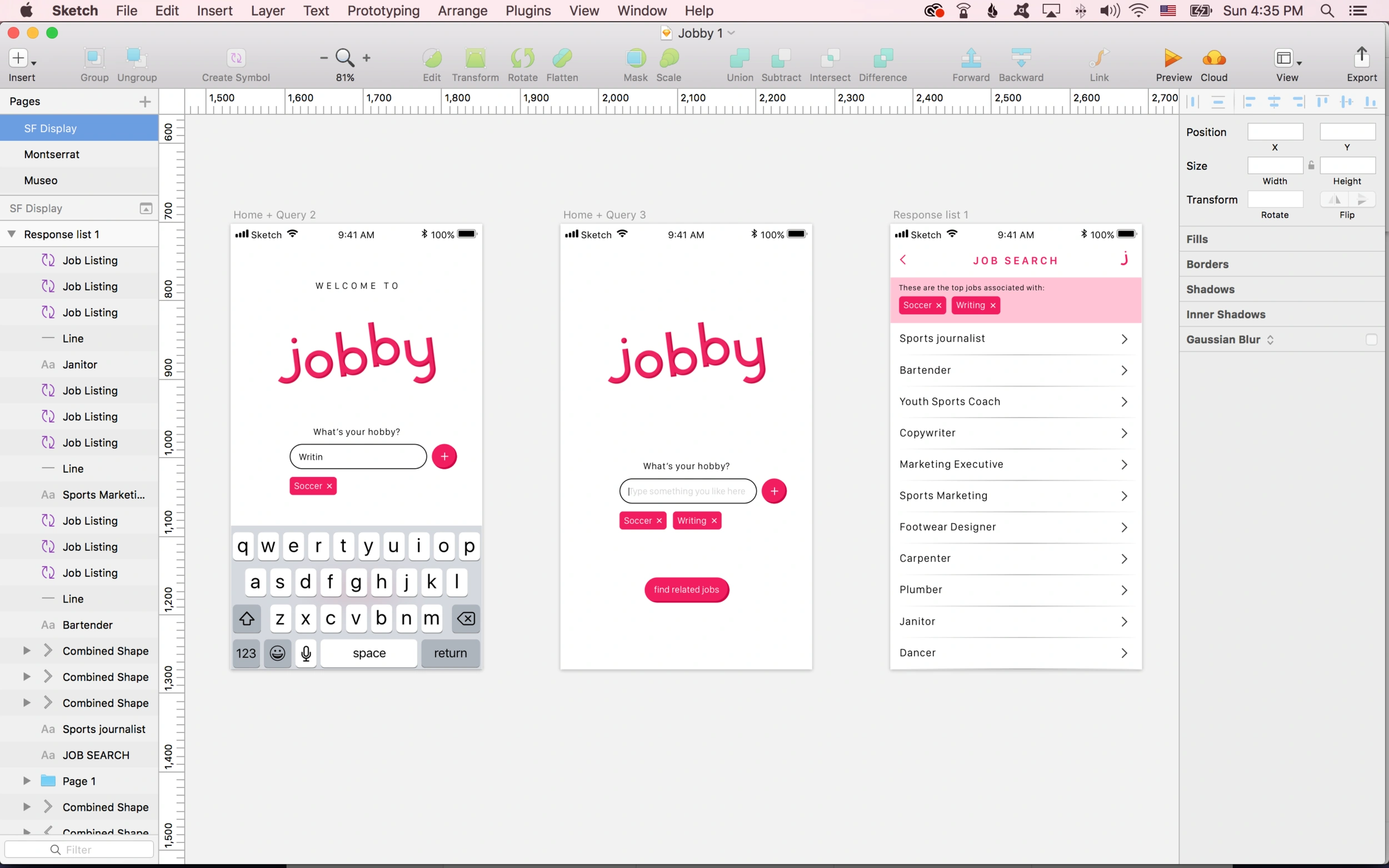 A Sketch file showing the Jobby prototype's onboarding and job-search screens