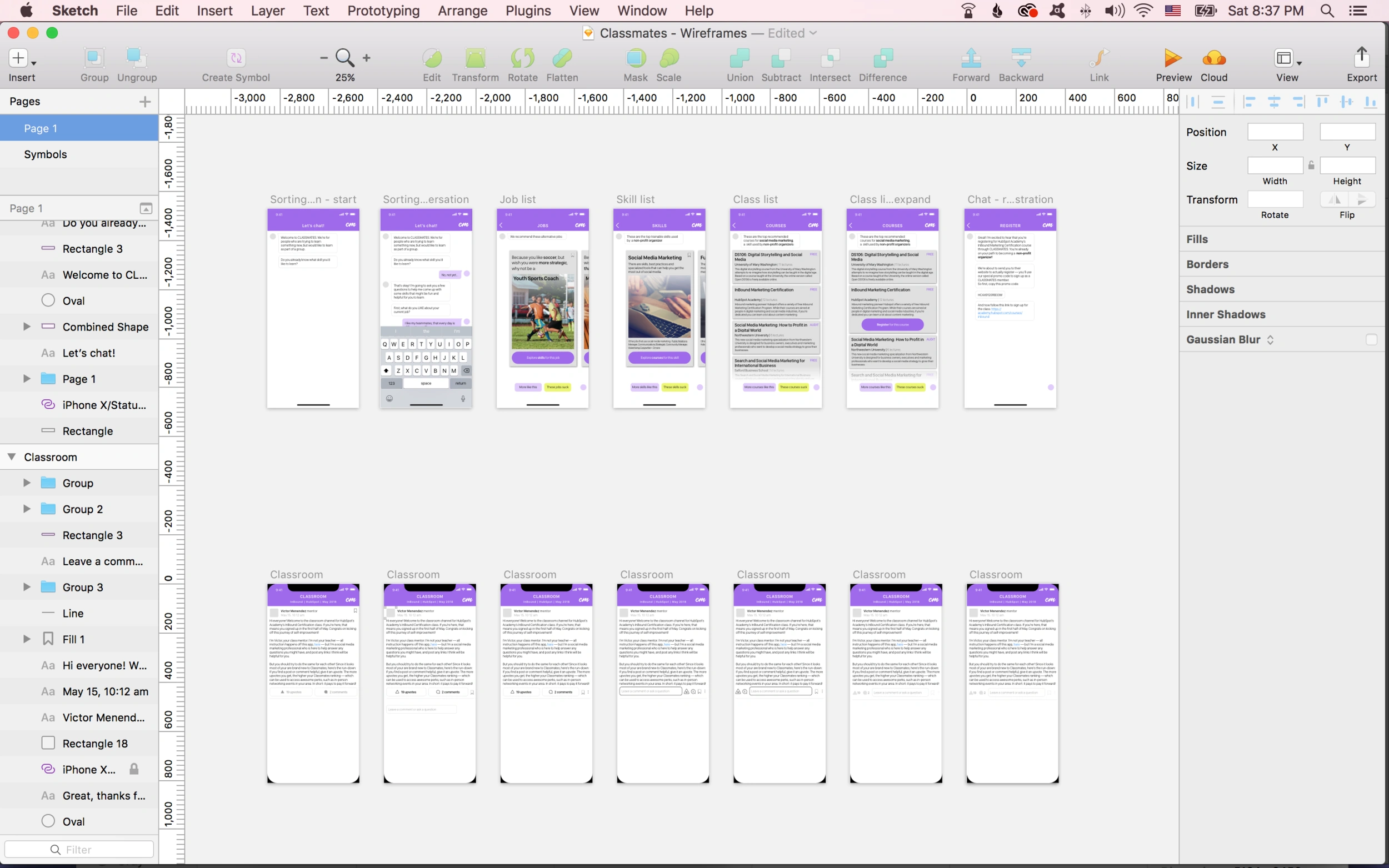 A Sketch file showing the full set of Classmates wireframes, from onboarding through the classroom feature