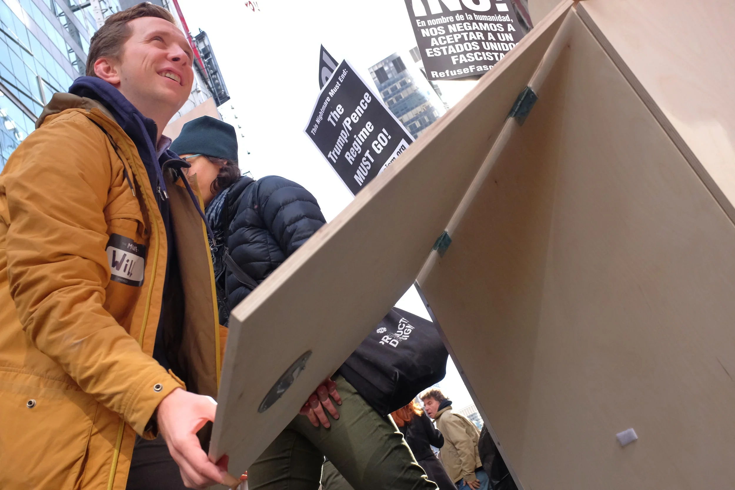 Alexia and I get set up at Remove Fascism's rally in Times Square on Nov 4th, 2017.