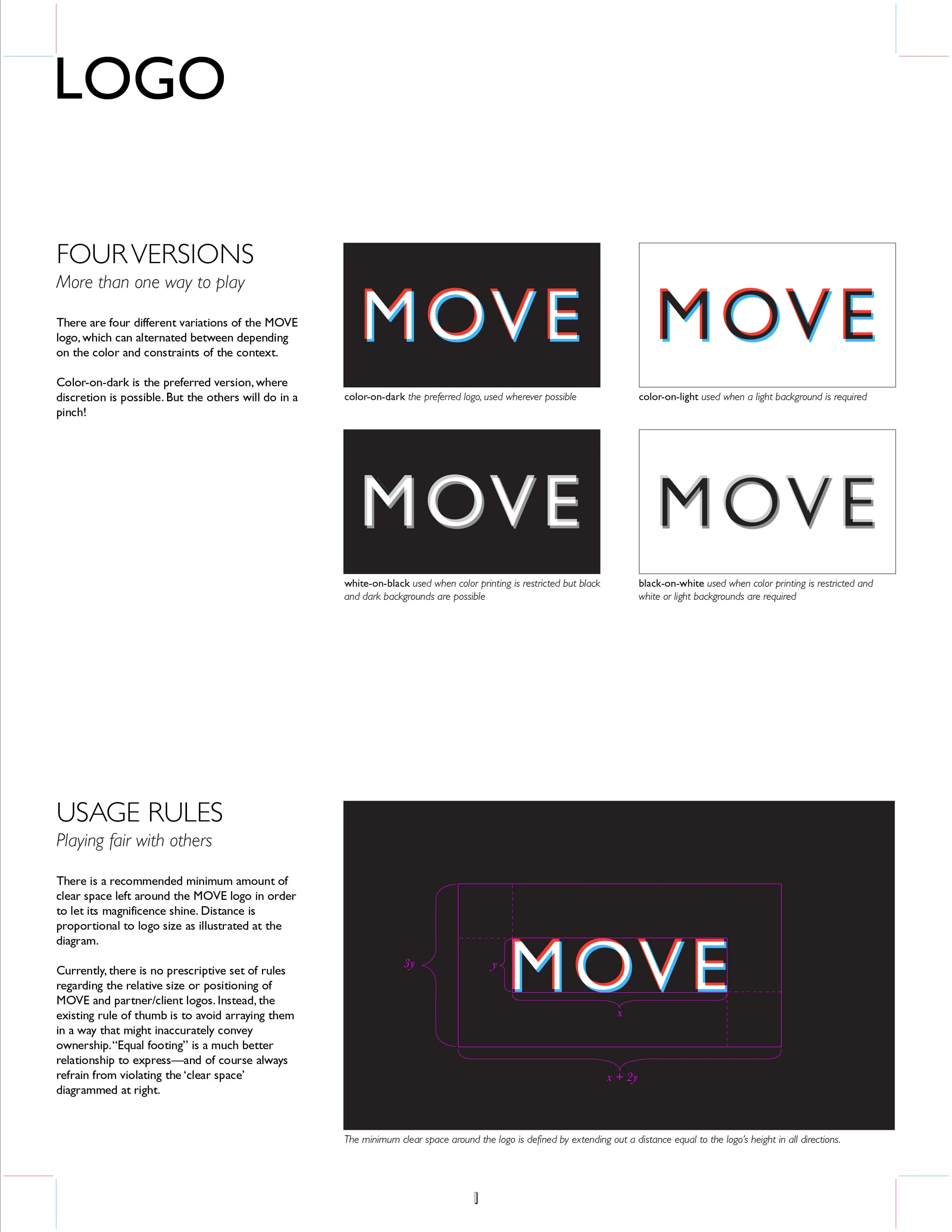 The LOGO page of the MOVE brand guidelines, showing all four logo color versions and clear-space usage rules