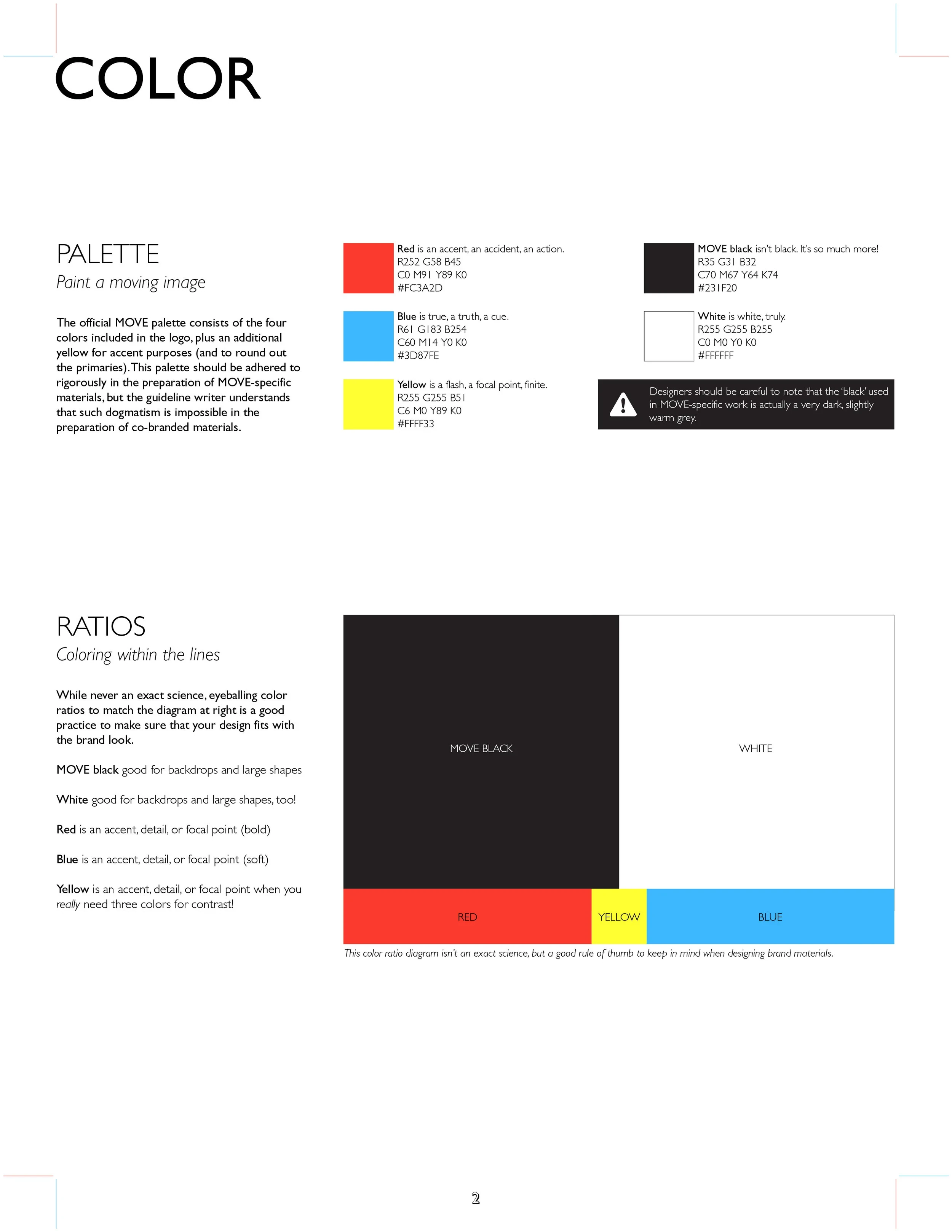 The COLOR page of the MOVE brand guidelines, showing the palette and recommended color ratios