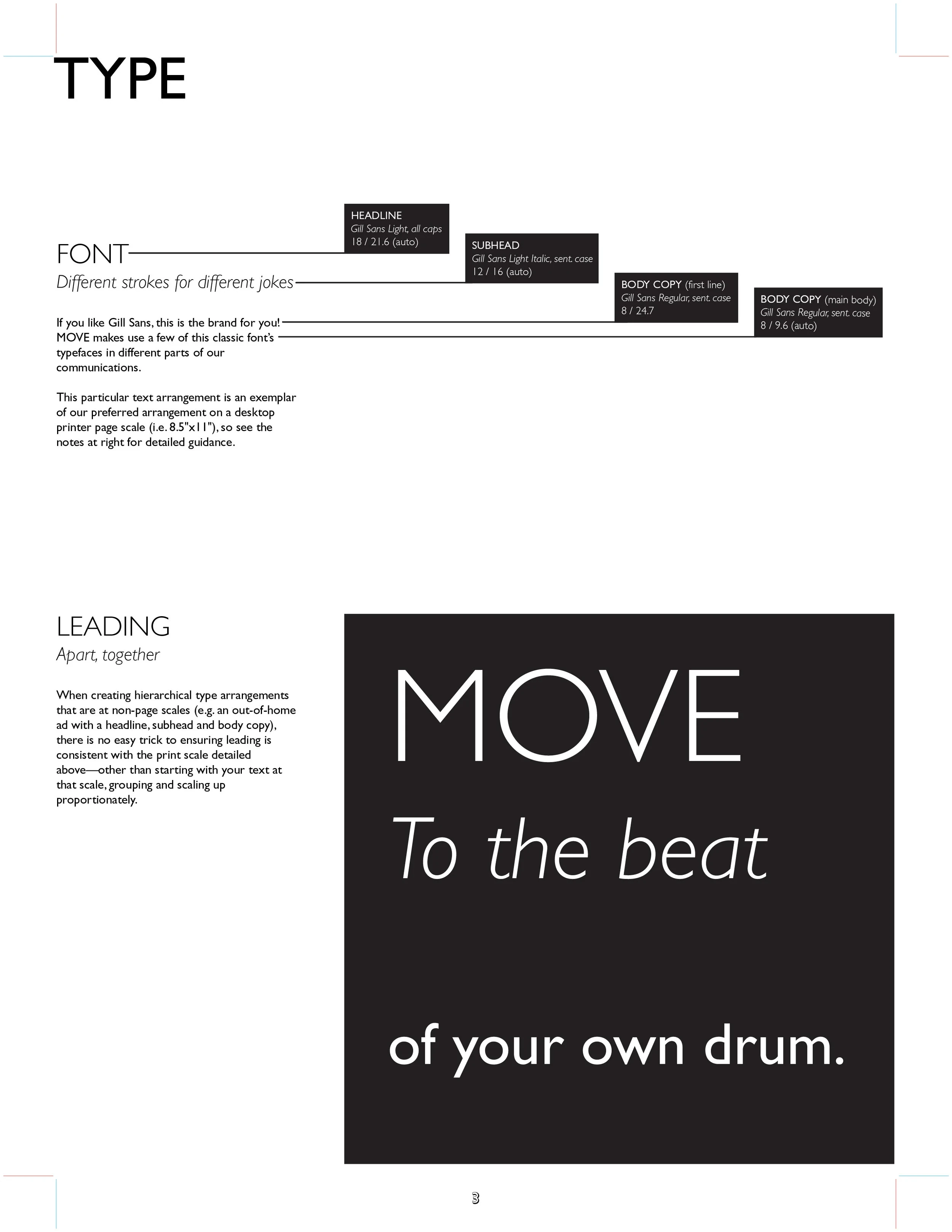 The TYPE page of the MOVE brand guidelines, showing font hierarchy and leading specs