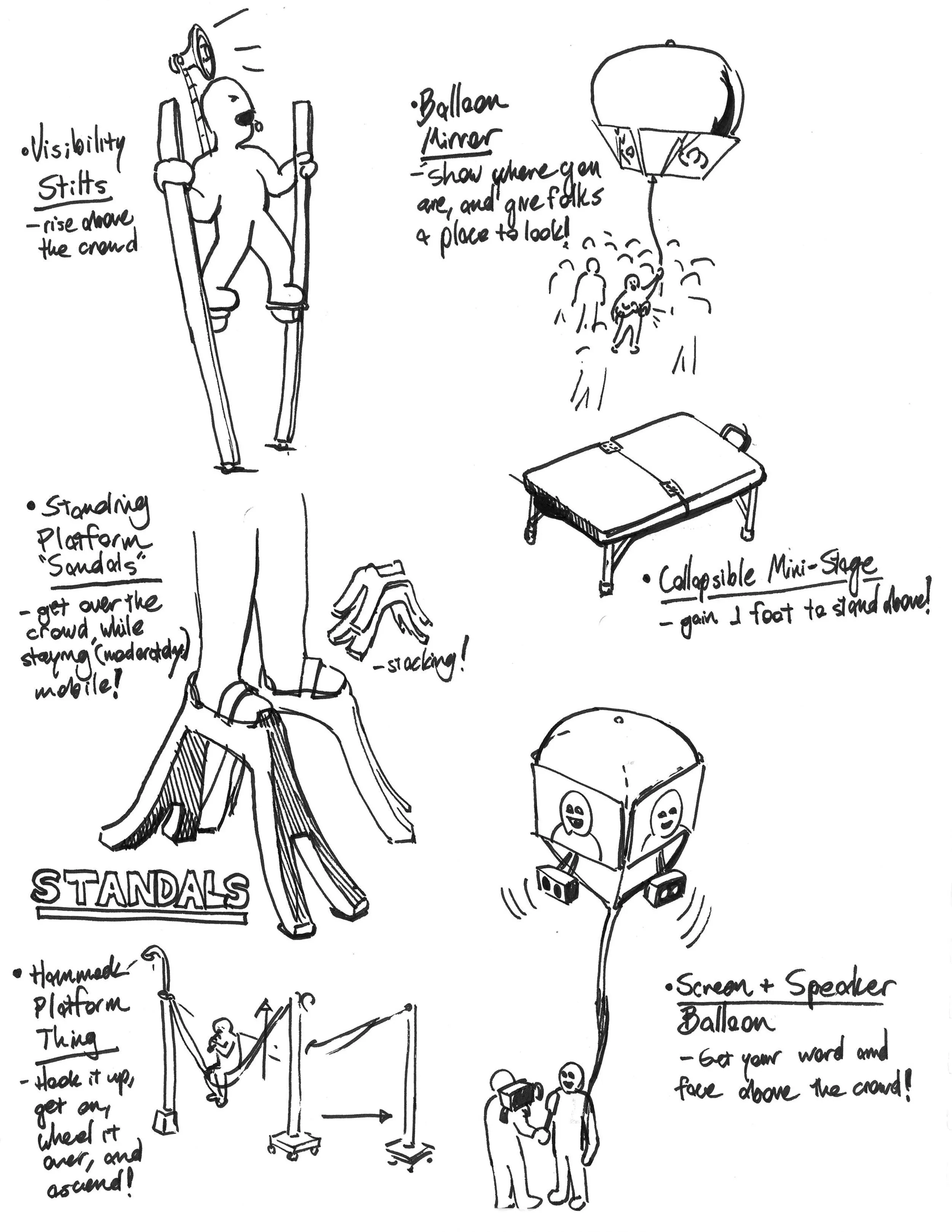 A page from the team's brainstorming sketchbook, exploring products for protesters