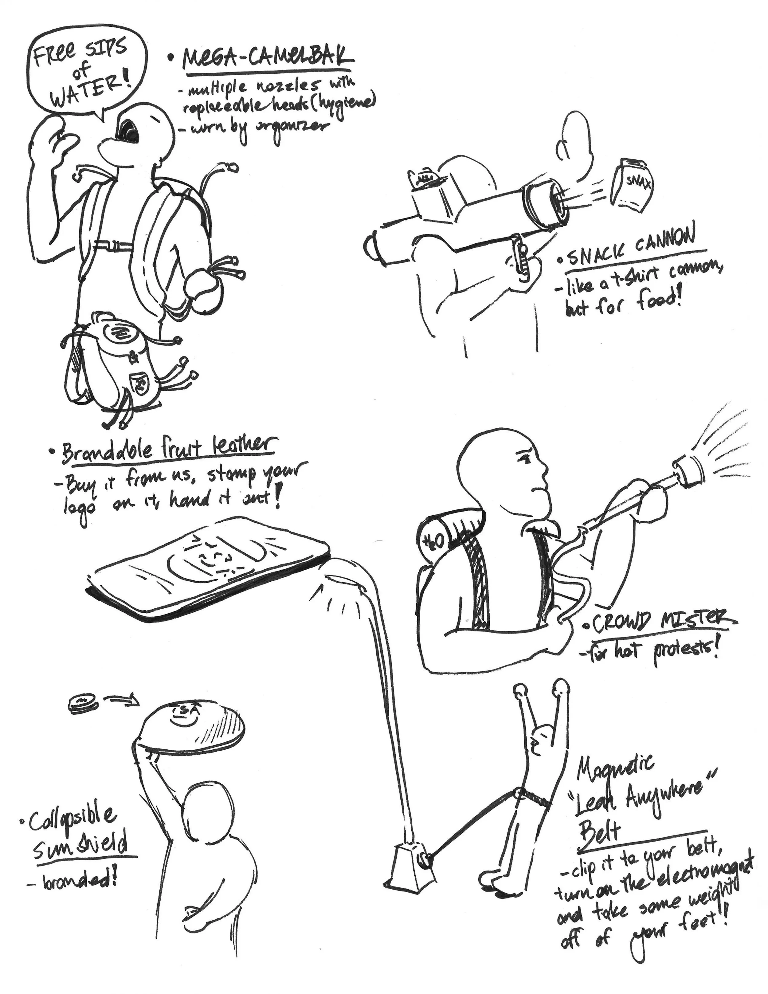 A page from the team's brainstorming sketchbook, exploring products for protesters