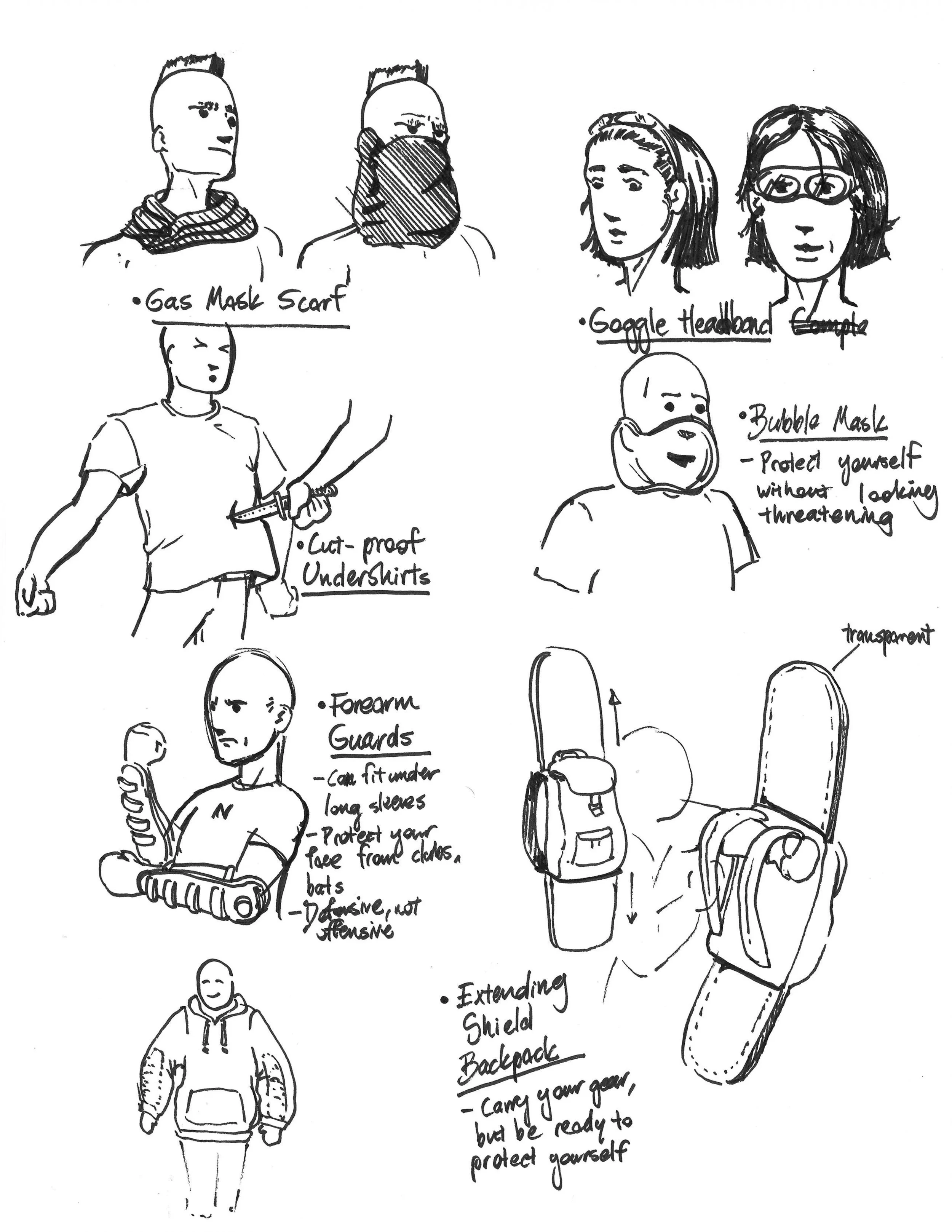 A page from the team's brainstorming sketchbook, exploring products for protesters