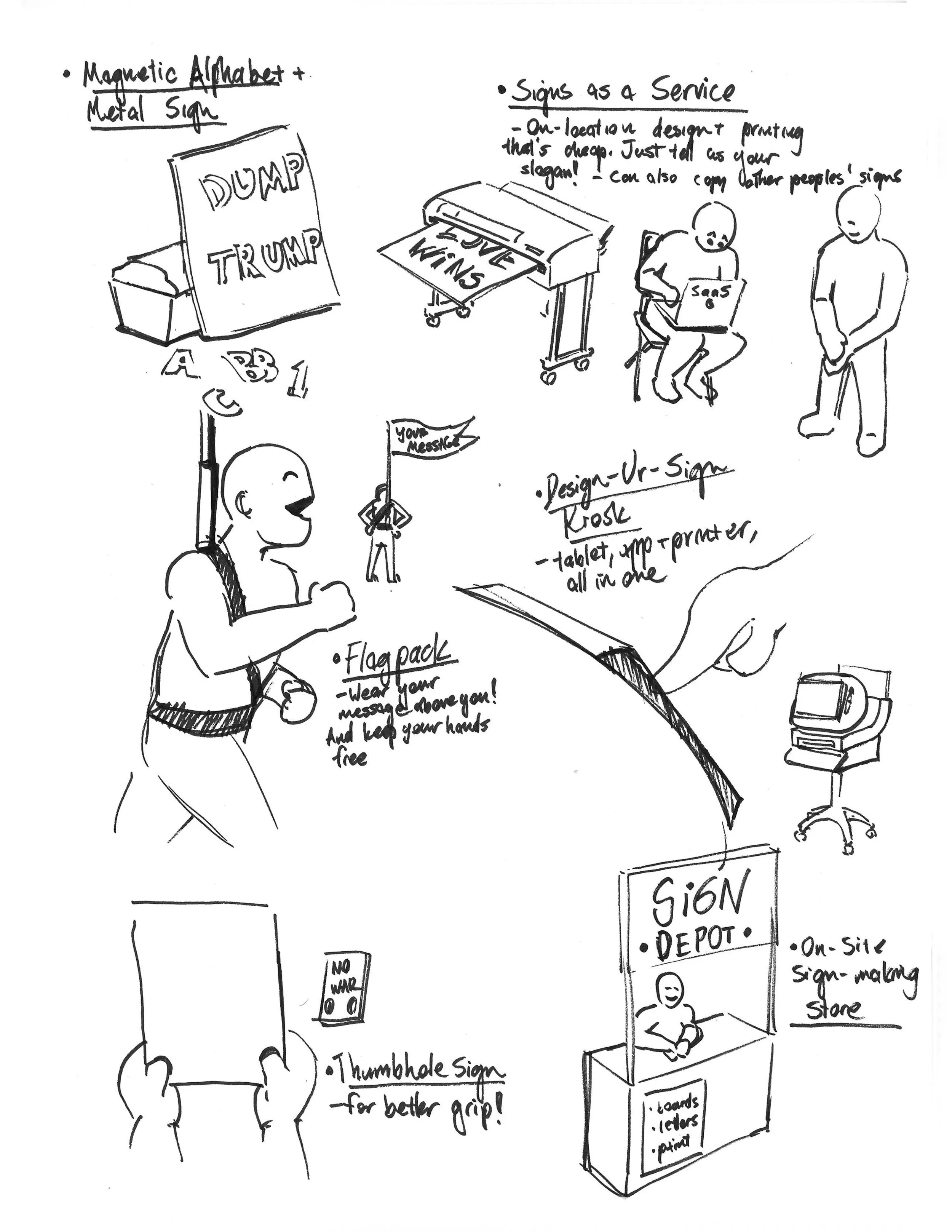 A page from the team's brainstorming sketchbook, exploring products for protesters