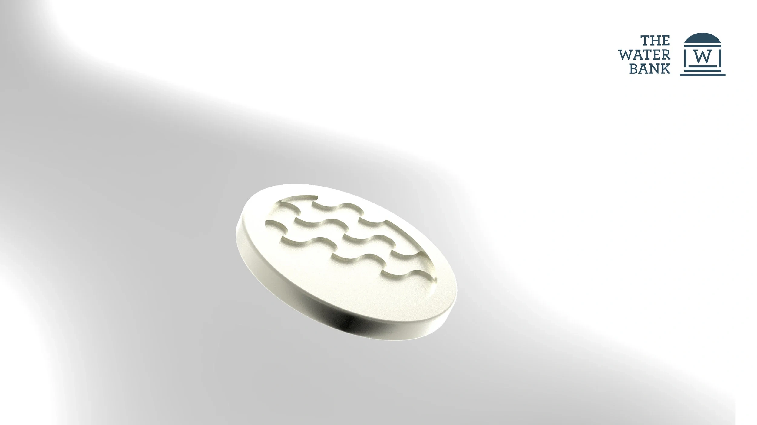 A 3D-rendered Water Token coin, embossed with The Water Bank's wave logo