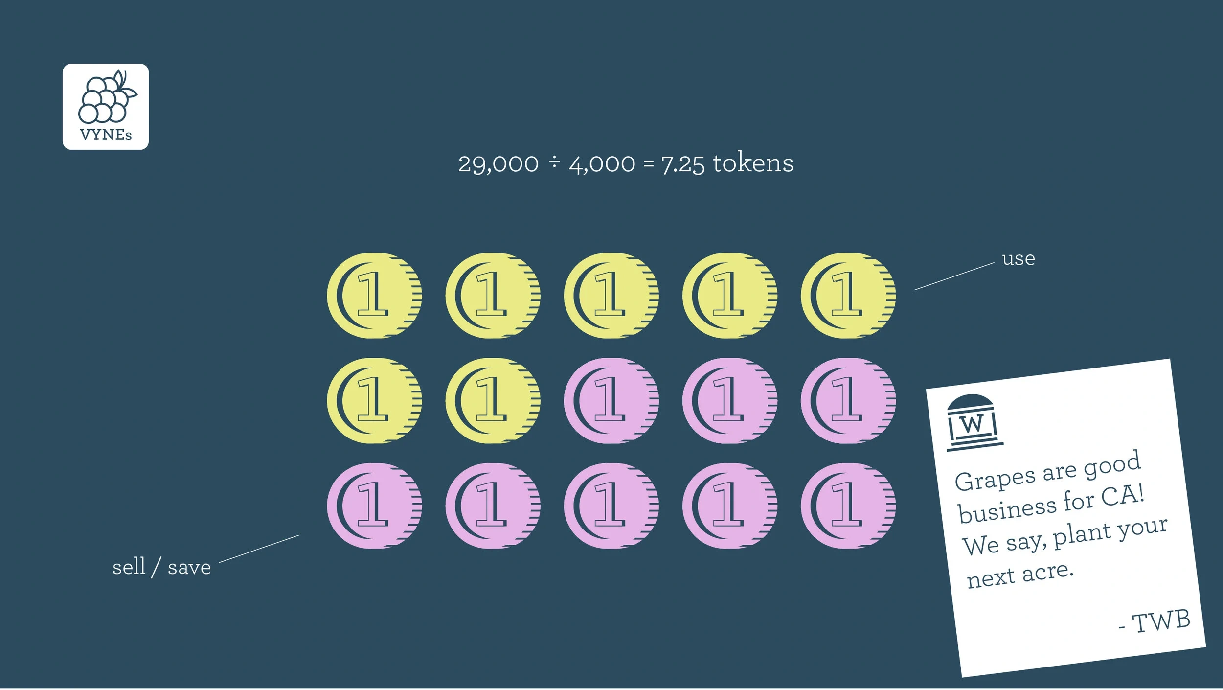 The Water Bank over-allocates tokens to Vynes Vineyards because it thinks they should invest in developing their unused land, as grapes and wind are a water-profitable crop for California.