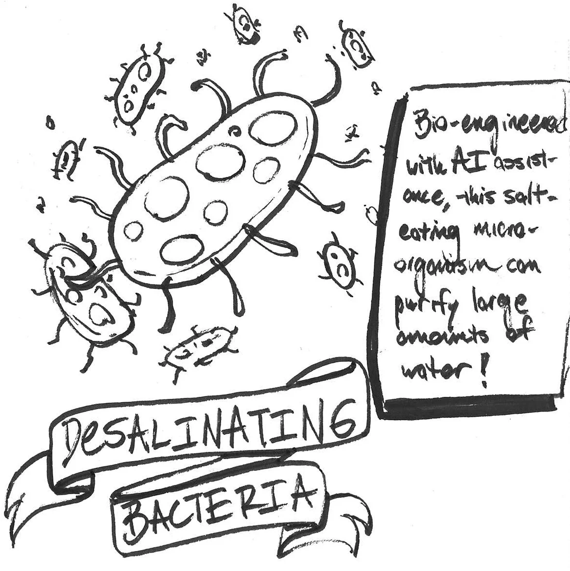 A speculative sketch for “Desalinating Bacteria” — bio-engineered, AI-assisted salt-eating microorganisms that can purify large amounts of water