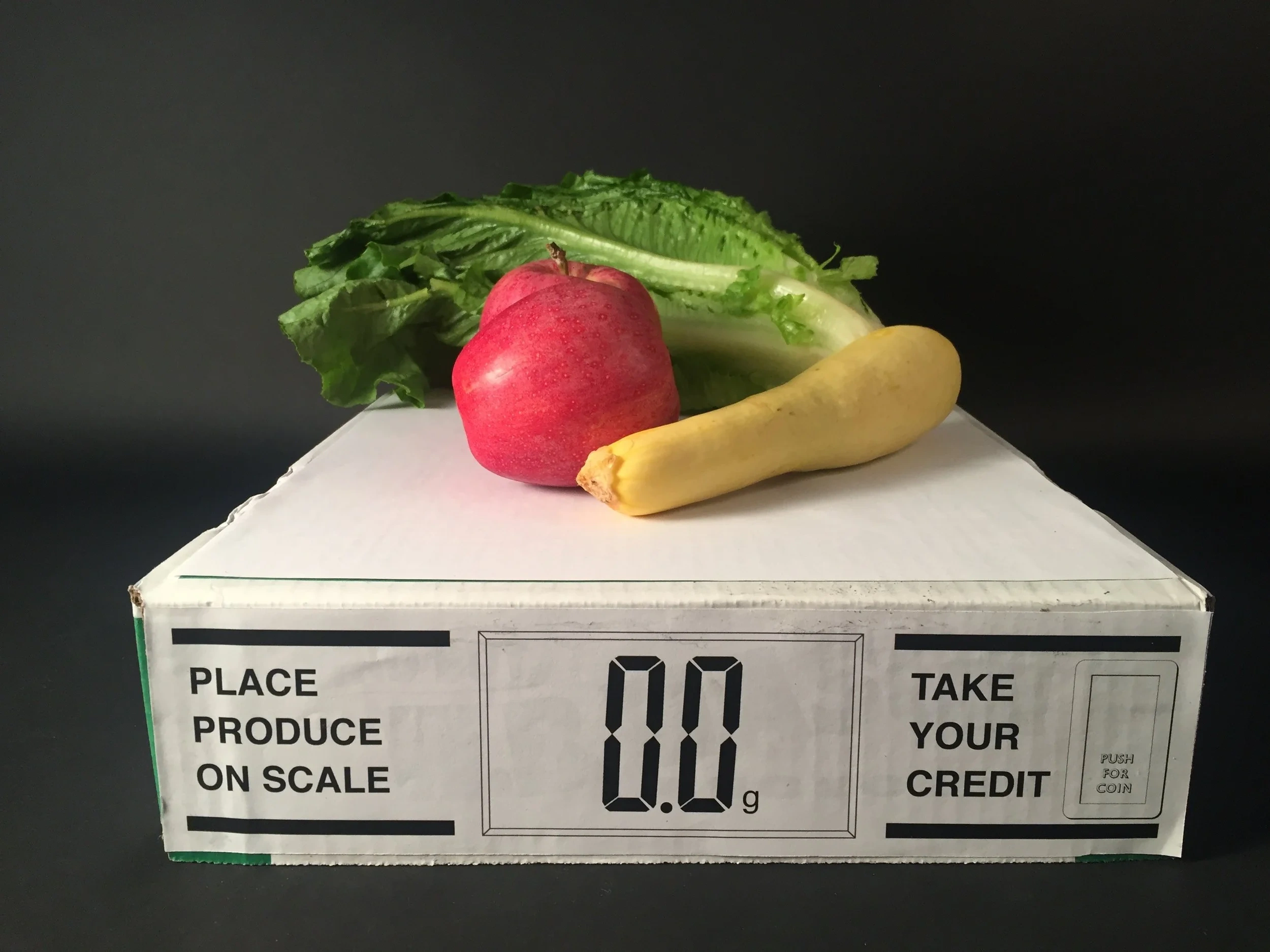 A cardboard prototype of a produce scale reading “Place produce on scale... Take your credit,” with real produce on top