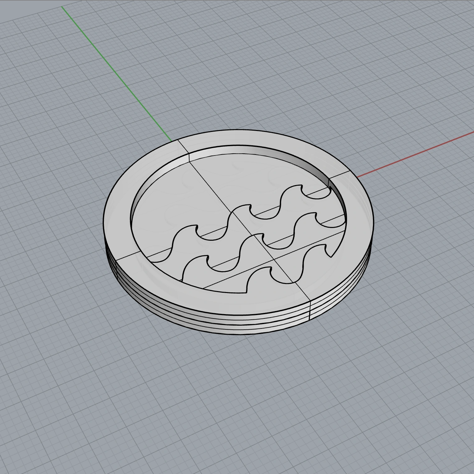 A CAD model of the water token coin, embossed with a wave pattern