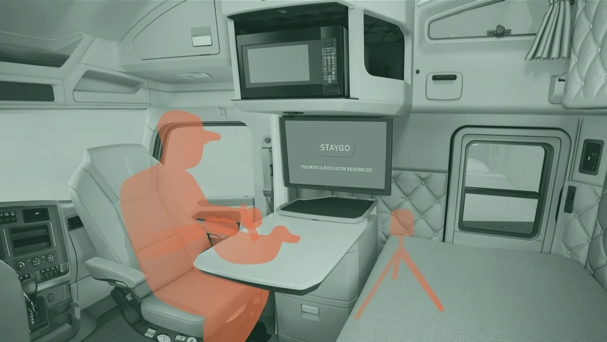A semi-autonomous truck cab reimagined as a mobile office for StayGo