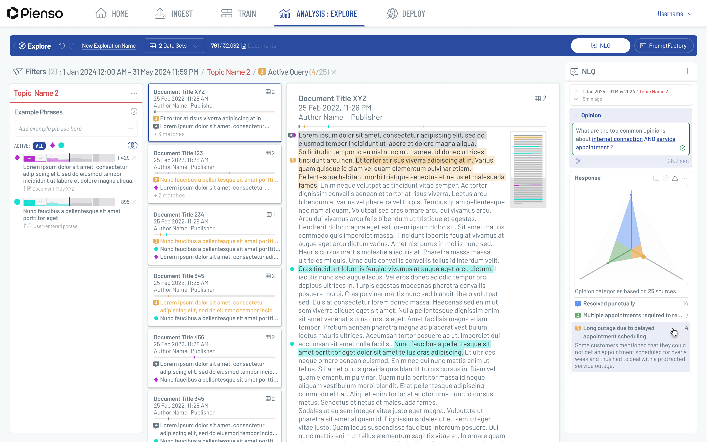 NLQ answering a natural-language question about a document set, alongside the source documents in Pienso Explore