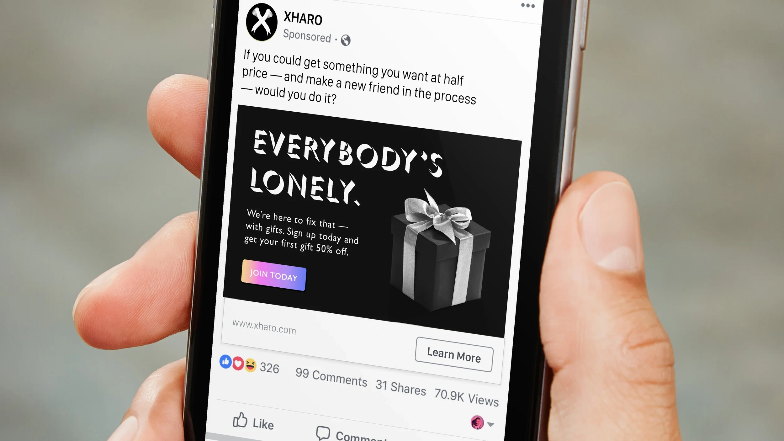 A Facebook ad for Xharo's launch promotion, reading "Everybody's Lonely," shown on a phone